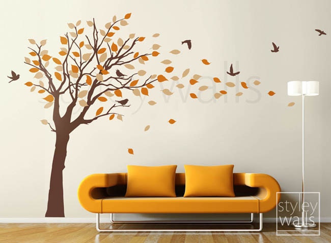 Tree decal Wall Sticker Tree with Birds and leaves blowing in the Wind - EXTRA LARGE Vinyl Wall Decal Sticker Nursery Kids Baby Children