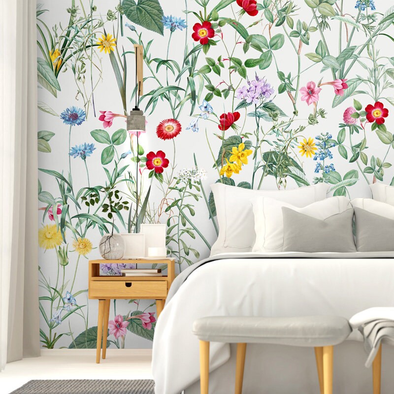 Spring Flowers Wallpaper, Floral Wallpaper, Vintage Flowers Repositionable Removable Fabric Wallpaper, Peel and Stick Self Adhesive