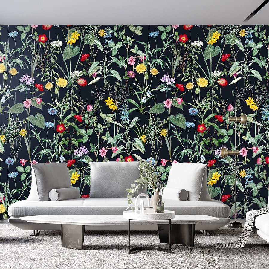 Floral Wallpaper, Flowers Wallpaper, Peel and Stick Self Adhesive Repositionable Removable Fabric Wallpaper, Vintage Flowers Wallpaper