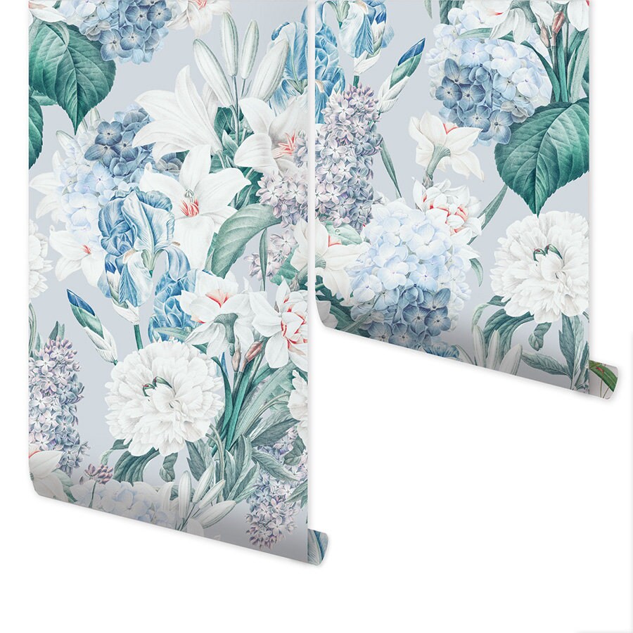 Floral Wallpaper, Iris Flowers with Blue Background Wallpaper, Botanical Vintage Repositionable Fabric Self Adhesive Wallpaper