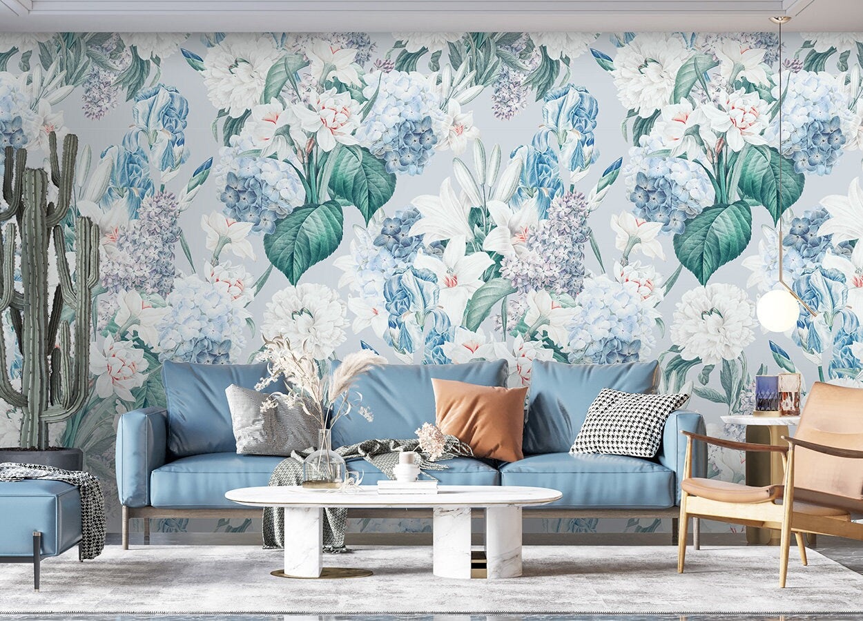 Floral Wallpaper, Iris Flowers with Blue Background Wallpaper, Botanical Vintage Repositionable Fabric Self Adhesive Wallpaper