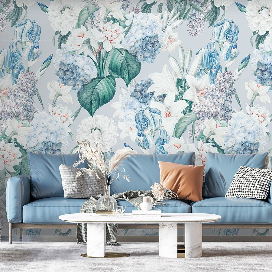 Floral Wallpaper, Iris Flowers with Blue Background Wallpaper, Botanical Vintage Repositionable Fabric Self Adhesive Wallpaper
