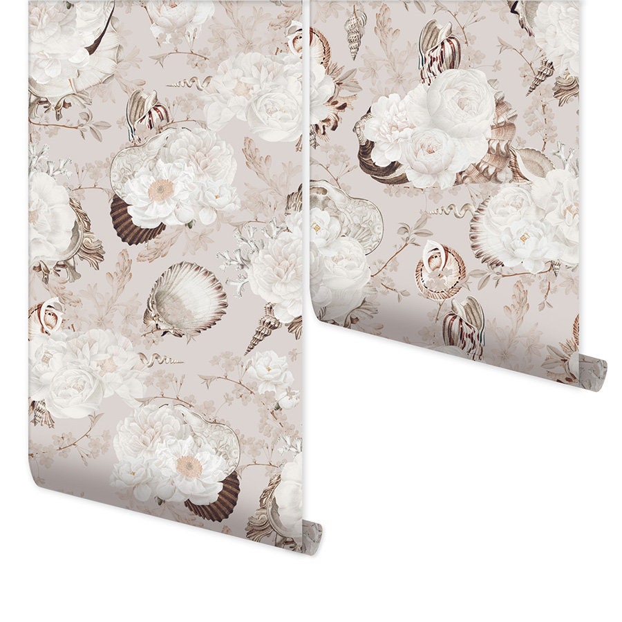 Tropical Water Wallpaper, Seashells Wallpaper, Tropical Seashells Pattern Wallpaper, Self Adhesive Repositionable Fabric Wallpaper