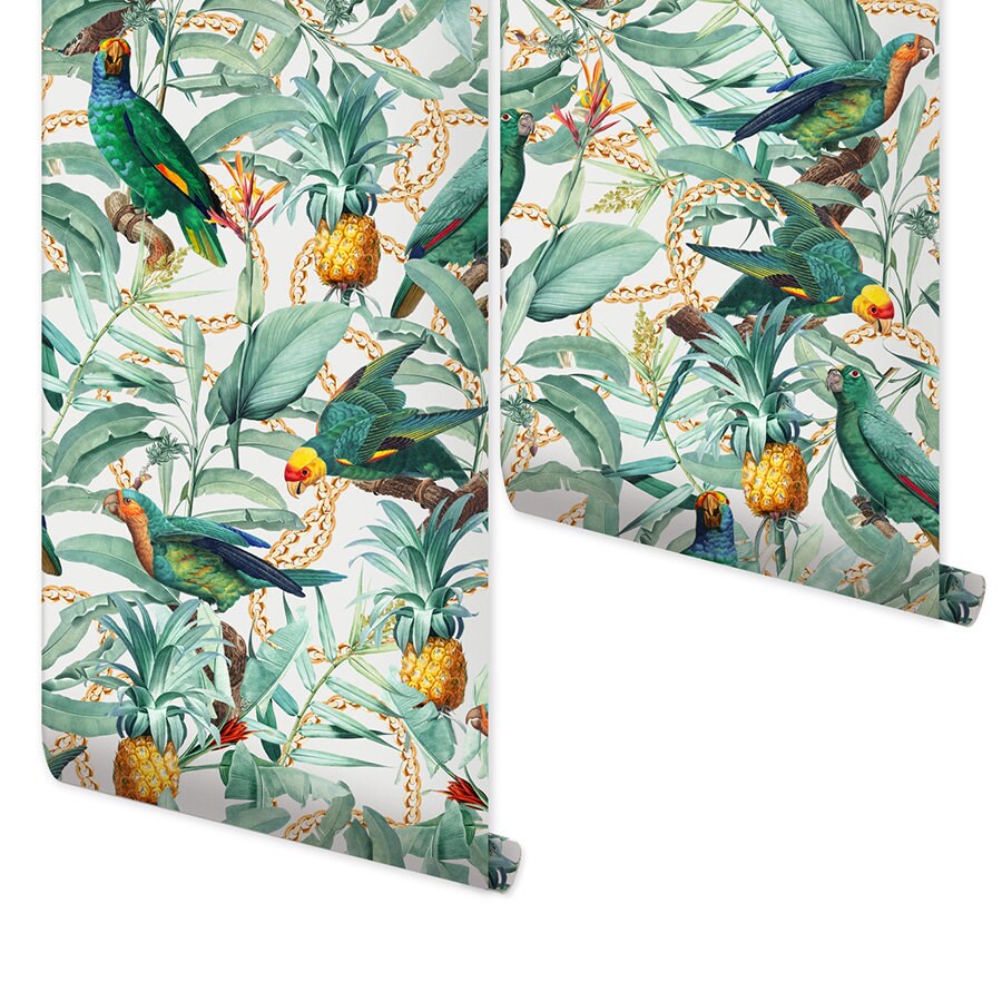 Tropical Wallpaper, Toucans Wallpaper, Toucan Birds Floral Wallpaper, Exotic Birds Wallpaper, Repositionable Fabric Self Adhesive Wallpaper