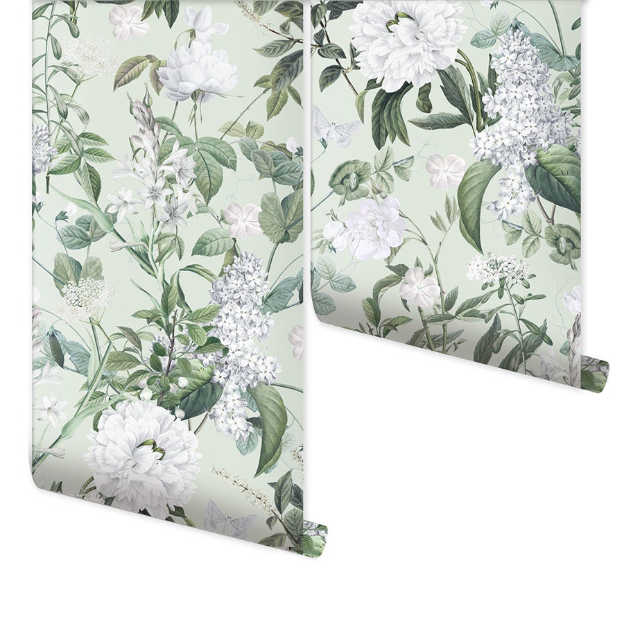 Floral Wallpaper, White Flowers Wallpaper, Garden Flowers Wallpaper, Repositionable Fabric Wallpaper, Floral Self Adhesive Wallpaper