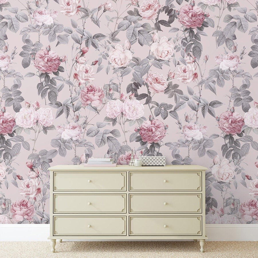 Papier peint floral rose, papier peint à fleurs avec fond rose, papier peint autocollant repositionnable vintage en tissu à fleurs de jardin