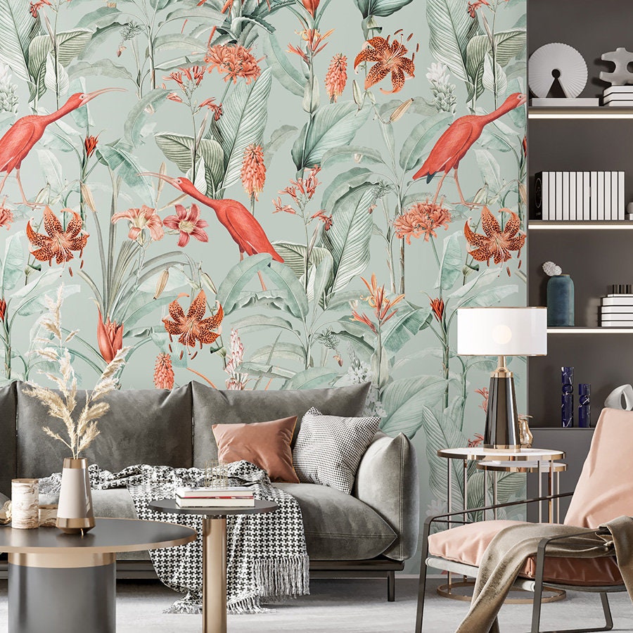 Tropical Wallpaper, Ibisa Birds Wallpaper, Tropical Birds Flowers Leaves Wallpaper, Repositionable Fabric Wallpaper, Floral Self Adhesive