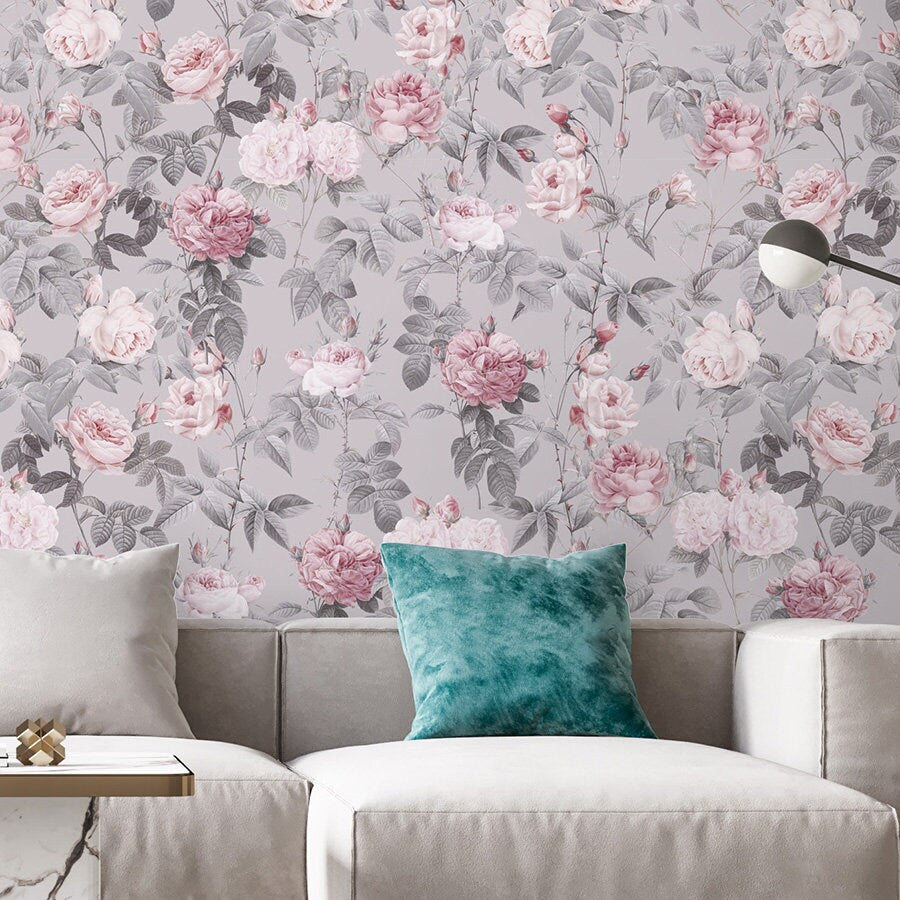 Floral Wallpaper, Flowers Wallpaper, Roses Wallpaper' Garden Flowers Vintage Repositionable Fabric Self Adhesive Wallpaper