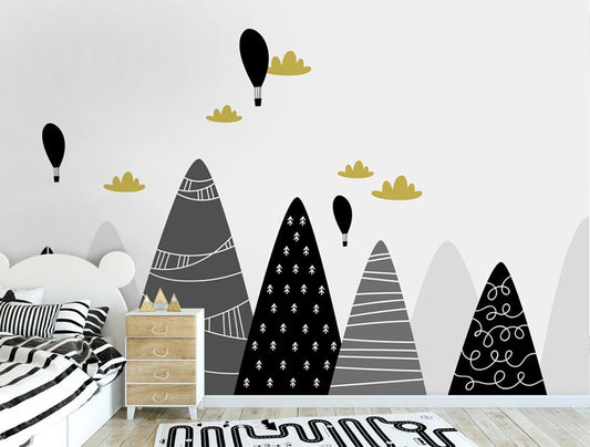 Mountains Wallpaper, Airballoons Wallpaper, Modern Kids Room Mural,  Kids Nursery Decor Mural, Fabric Peel and Stick Wallpaper