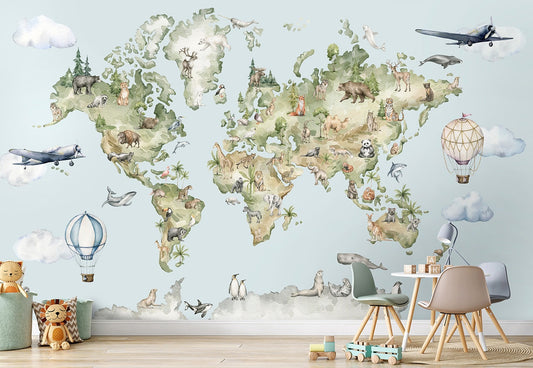 Kids World Map Wallpaper, Watercolor World Map Wallpaper,  World Map with Animals Mural Kids Nursery Decor Mural, Fabric Peel and Stick