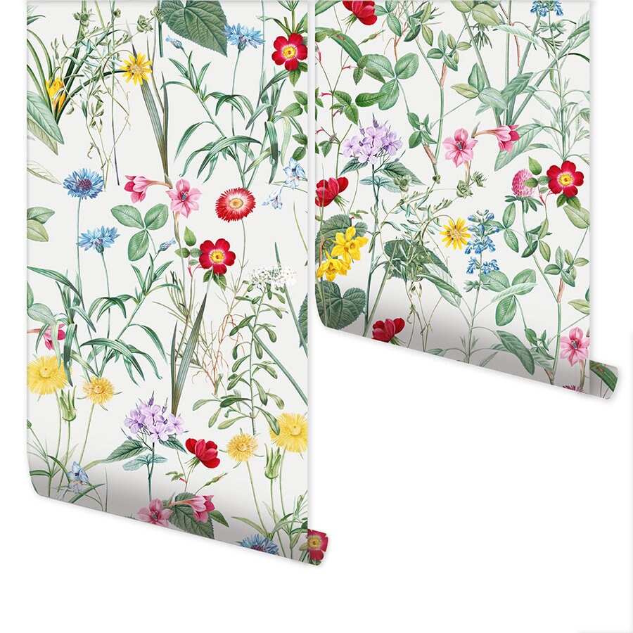 Spring Flowers Wallpaper, Floral Wallpaper, Vintage Flowers Repositionable Removable Fabric Wallpaper, Peel and Stick Self Adhesive
