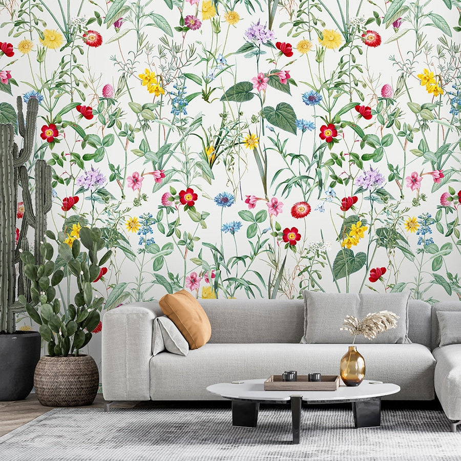Spring Flowers Wallpaper, Floral Wallpaper, Vintage Flowers Repositionable Removable Fabric Wallpaper, Peel and Stick Self Adhesive