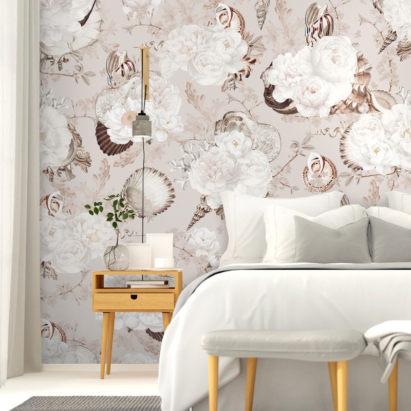 Tropical Water Wallpaper, Seashells Wallpaper, Tropical Seashells Pattern Wallpaper, Self Adhesive Repositionable Fabric Wallpaper