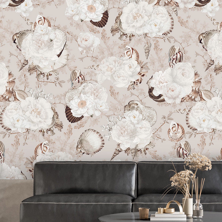 Tropical Water Wallpaper, Seashells Wallpaper, Tropical Seashells Pattern Wallpaper, Self Adhesive Repositionable Fabric Wallpaper