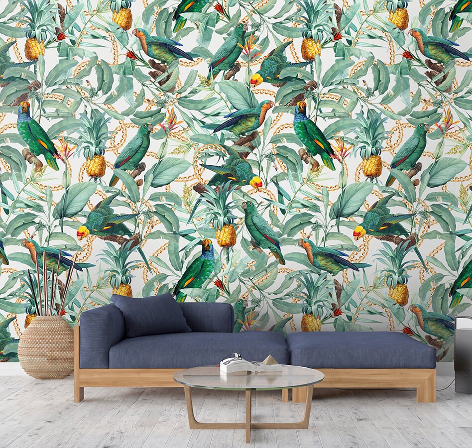 Tropical Wallpaper, Toucans Wallpaper, Toucan Birds Floral Wallpaper, Exotic Birds Wallpaper, Repositionable Fabric Self Adhesive Wallpaper