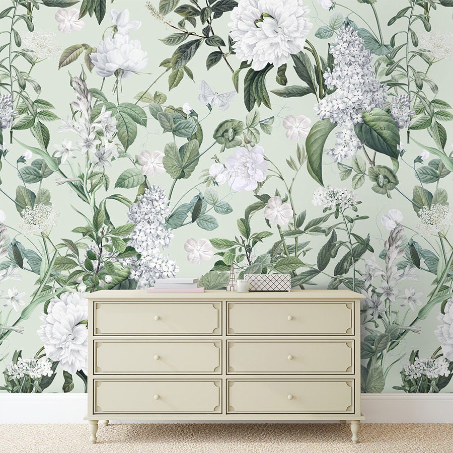 Floral Wallpaper, White Flowers Wallpaper, Garden Flowers Wallpaper, Repositionable Fabric Wallpaper, Floral Self Adhesive Wallpaper