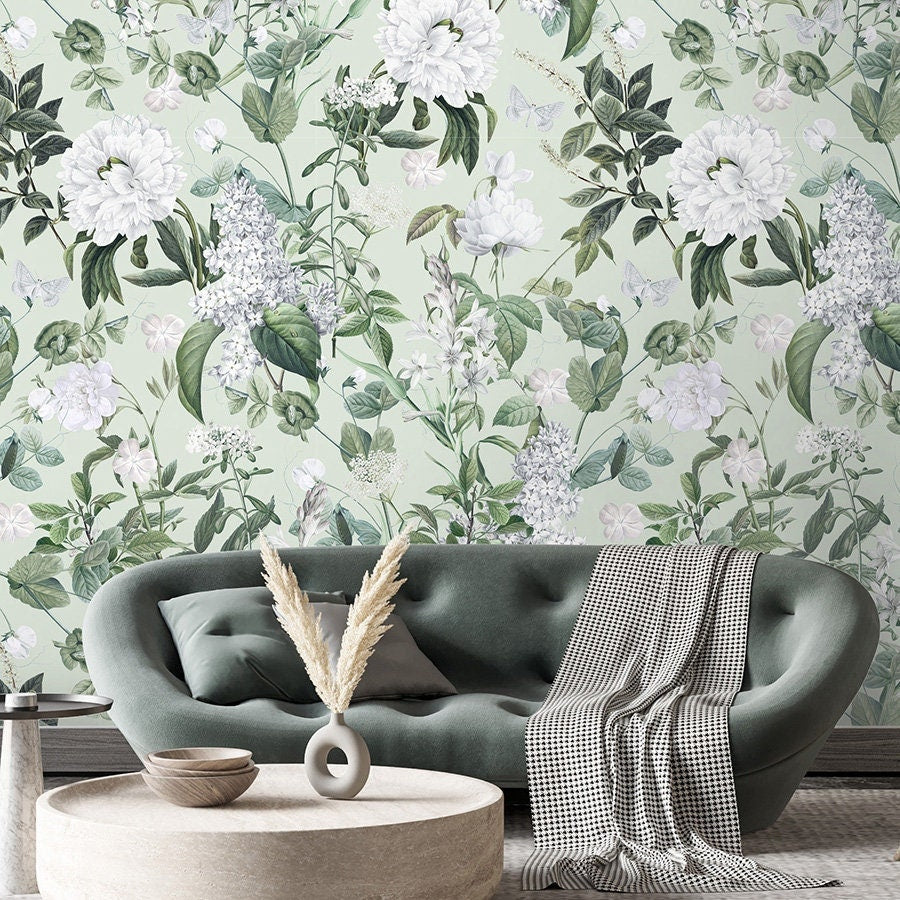 Floral Wallpaper, White Flowers Wallpaper, Garden Flowers Wallpaper, Repositionable Fabric Wallpaper, Floral Self Adhesive Wallpaper