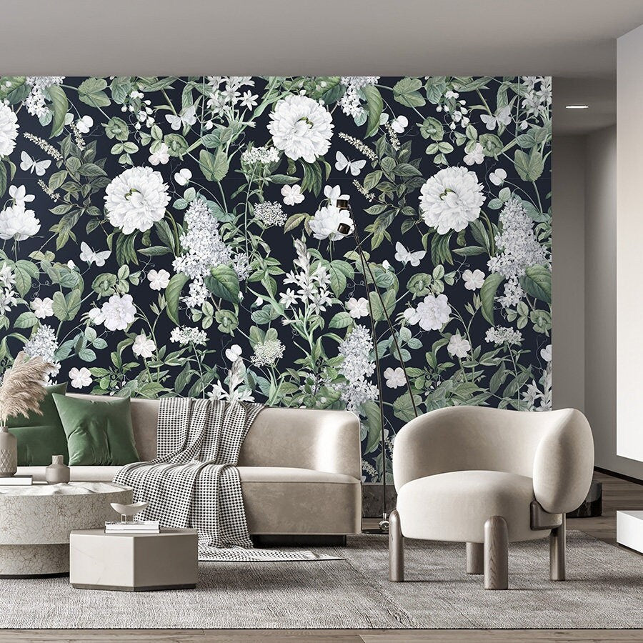 Floral Wallpaper, White Flowers on Black Pattern Wallpaper, Garden Flowers Wallpaper, Repositionable Fabric Self Adhesive Wallpaper
