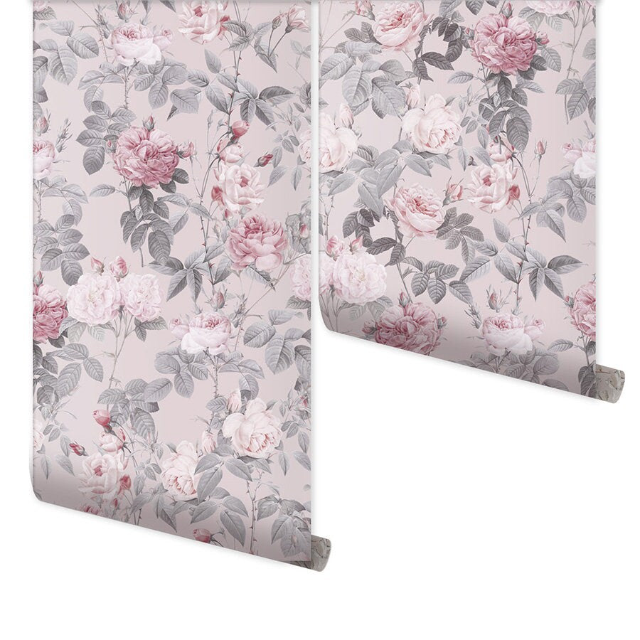 Papier peint floral rose, papier peint à fleurs avec fond rose, papier peint autocollant repositionnable vintage en tissu à fleurs de jardin