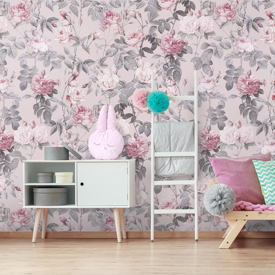 Papier peint floral rose, papier peint à fleurs avec fond rose, papier peint autocollant repositionnable vintage en tissu à fleurs de jardin