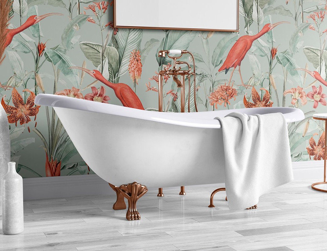 Tropical Wallpaper, Ibisa Birds Wallpaper, Tropical Birds Flowers Leaves Wallpaper, Repositionable Fabric Wallpaper, Floral Self Adhesive