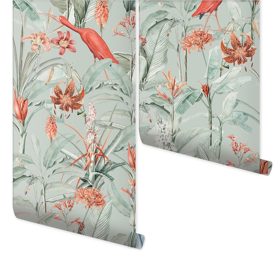 Tropical Wallpaper, Ibisa Birds Wallpaper, Tropical Birds Flowers Leaves Wallpaper, Repositionable Fabric Wallpaper, Floral Self Adhesive