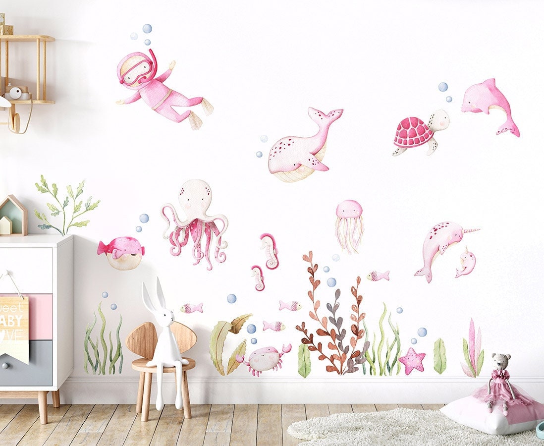 Underwater Wall decal, Under the Sea Wall Decal, Sea Life Sea Creatures Wall Decal, Aquarium Fishes Girls Nursery Wall Decal Wall Decor