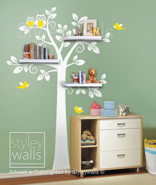 Shelf Tree Wall Decal, Shelving Tree Wall Decal for Baby Nursery Children, Owls and Shelves Tree Wall Sticker, Boy and Girl Room Decor