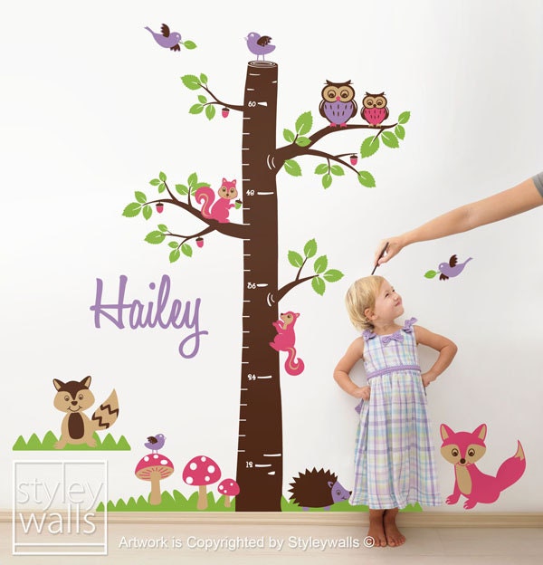 Woodland Animals Wall Decal, Personalized Growth Chart Nursery Wall Decal Kids Vinyl Wall Decal Baby Room Decor Fox Owls Racoon Squirrels