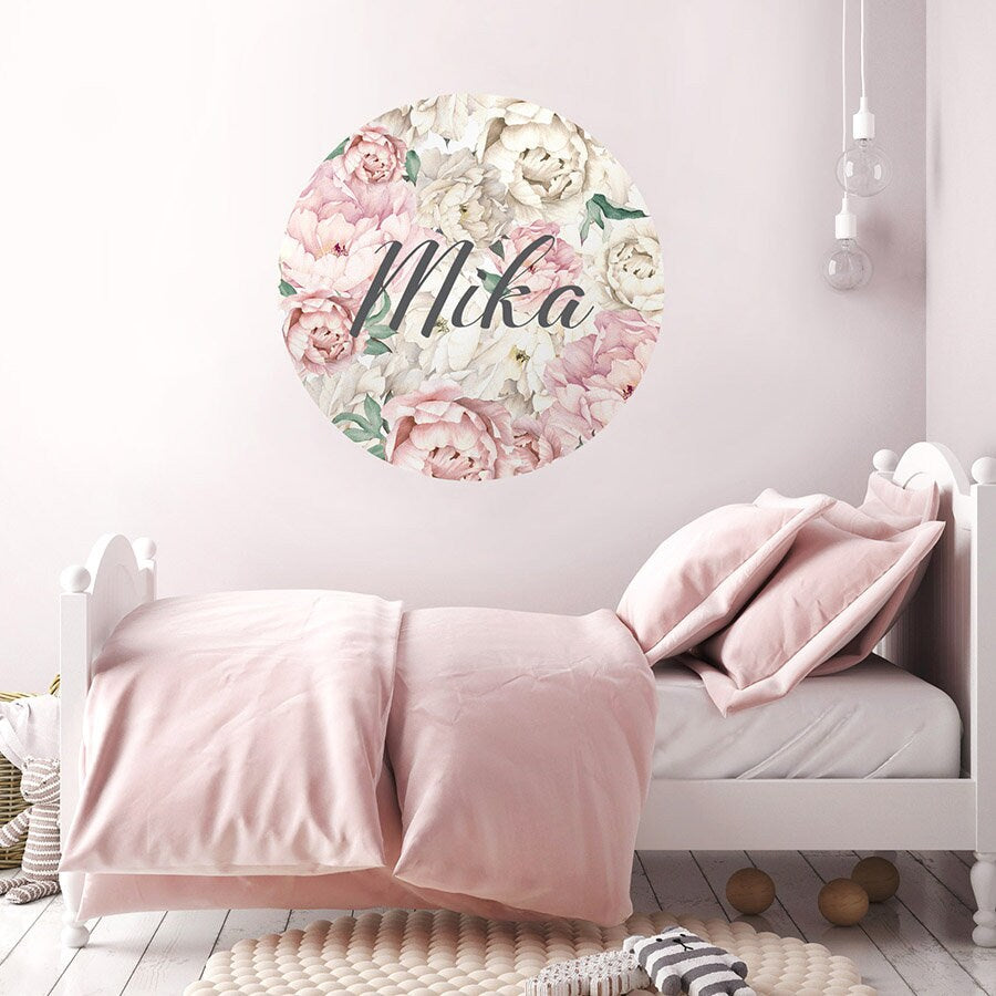 Peony Wall Decal, Flowers Wall Decal, Personalized Name Decal, Circle Wall Decal, Big Dot Wall Decal Circle for Kids Room
