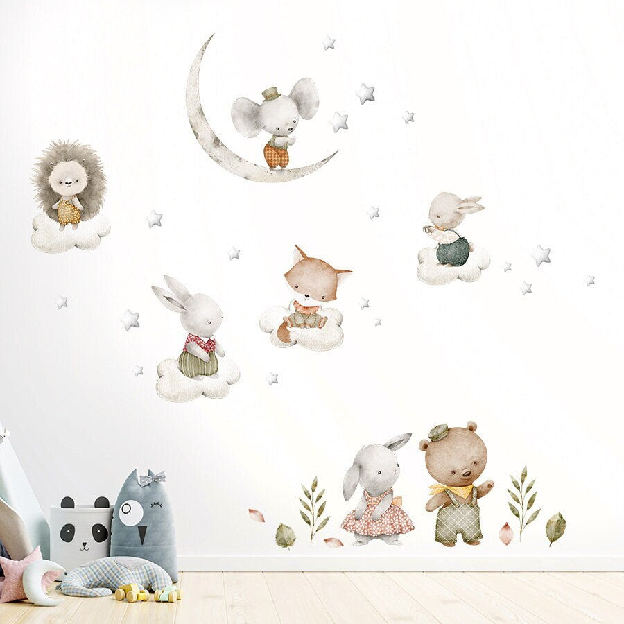 Cute Animals Wall Decal, Animals and Moon Wall Decal, Moon and Clouds Wall Decal, Forest Animals Wall Decal, Woodland Animals Wall Decal