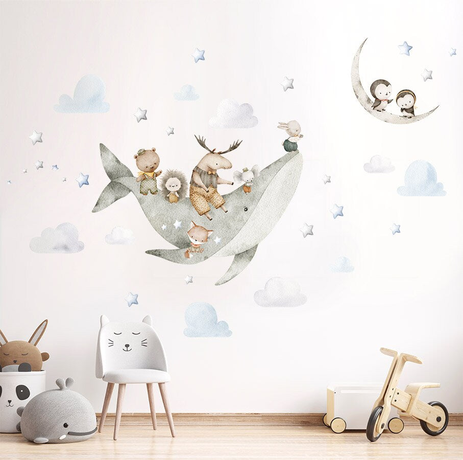 Animals Wall Decal, Moon Stars Wall Decal, Whale Wall decal, Penguins Wall Decal, Forest Animals Nursery Wall Decal, Kids Room Decor