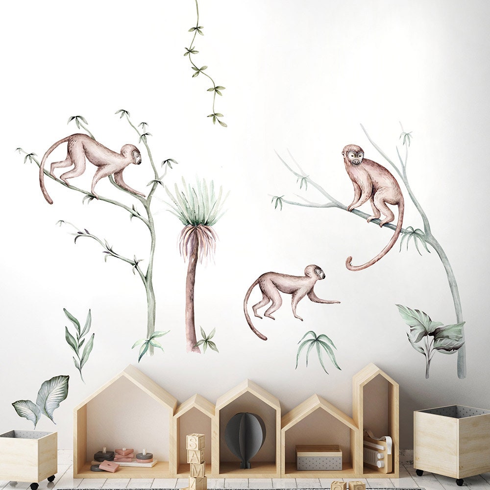 Autocollant mural singes, autocollant mural jungle, autocollant mural safari, autocollant mural pour chambre d'enfant, décoration de chambre d'enfant, autocollant safari tropical