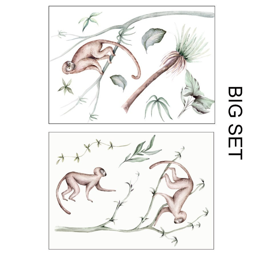 Autocollant mural singes, autocollant mural jungle, autocollant mural safari, autocollant mural pour chambre d'enfant, décoration de chambre d'enfant, autocollant safari tropical