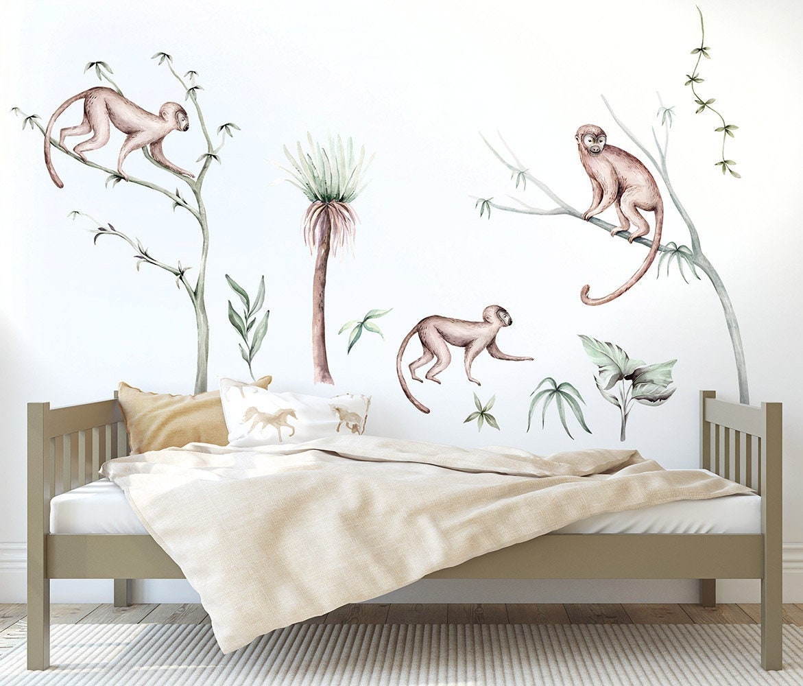 Autocollant mural singes, autocollant mural jungle, autocollant mural safari, autocollant mural pour chambre d'enfant, décoration de chambre d'enfant, autocollant safari tropical