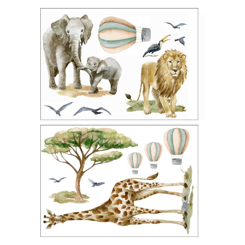 Autocollant mural animaux de safari, autocollant mural animaux de la jungle, autocollant mural savane, lion aquarelle, éléphants, girafe, montgolfières