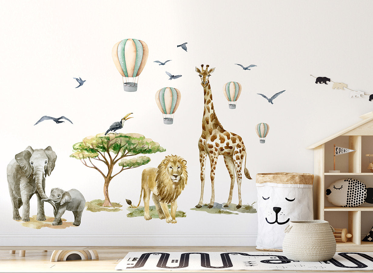Autocollant mural animaux de safari, autocollant mural animaux de la jungle, autocollant mural savane, lion aquarelle, éléphants, girafe, montgolfières