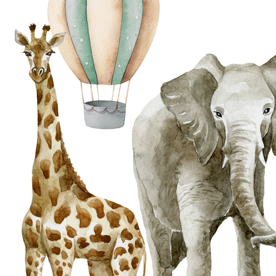 Autocollant mural animaux de safari, autocollant mural animaux de la jungle, autocollant mural savane, lion aquarelle, éléphants, girafe, montgolfières