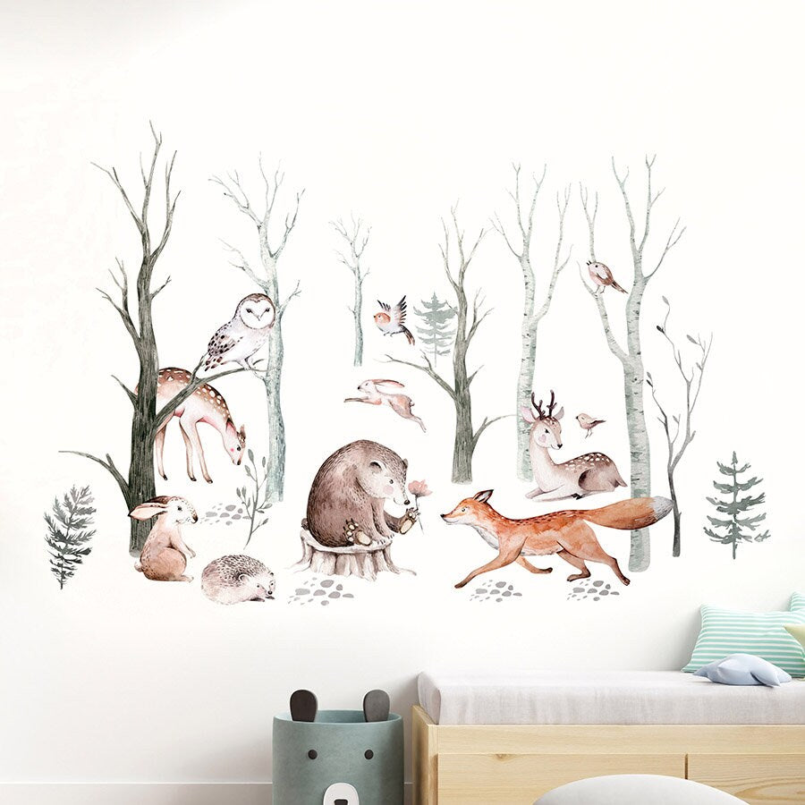 Wandtattoo Waldtiere, Wandtattoo Waldtiere mit Bäumen, Wandtattoo Waldtiere Aquarell, Wandtattoo Waldtiere für Kinder, Wandtattoo Waldtiere fürs Kinderzimmer
