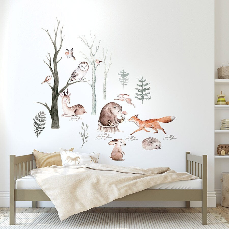 Watercolor Woodland Animals Wall Decal, Forest Animals with Trees Wall Decal, Nursery Forest Animals Sticker, Kids Room Wall Decal