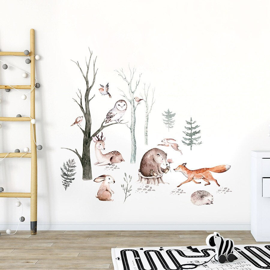Watercolor Woodland Animals Wall Decal, Forest Animals with Trees Wall Decal, Nursery Forest Animals Sticker, Kids Room Wall Decal