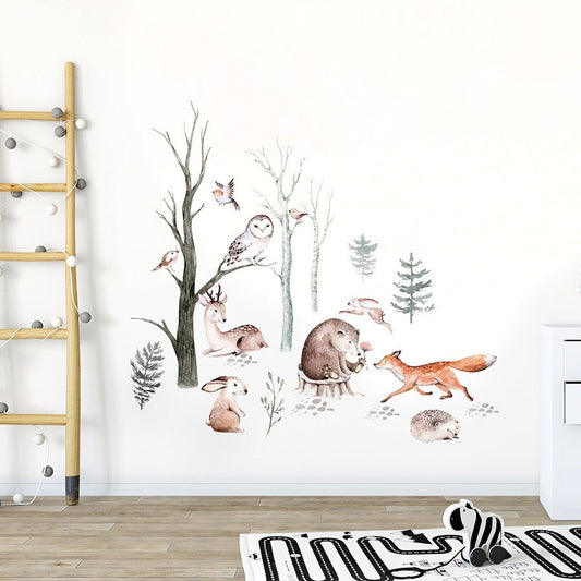 Watercolor Woodland Animals Wall Decal, Forest Animals with Trees Wall Decal, Nursery Forest Animals Sticker, Kids Room Wall Decal