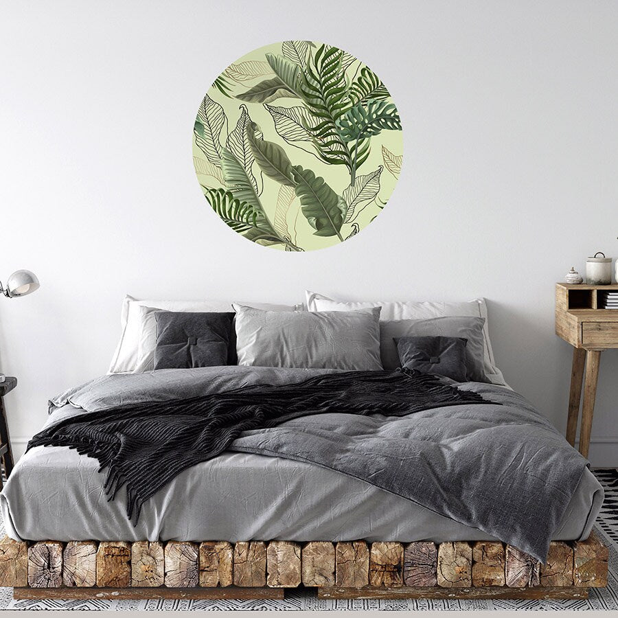Circle Wall Decal, Circle Wall Sticker, Tropical Leaves Wall Decal, Green Leaf Abstract Wall Decal, Home Styling Wall Art, Lines Wall Art