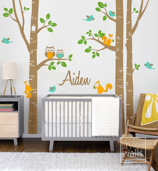 Birch Trees Wall Decal, Kids Personalized Birch Trees Nursery Wall Decal, Forest Animals Owsl Squirrels Birds Baby Room Art Decor