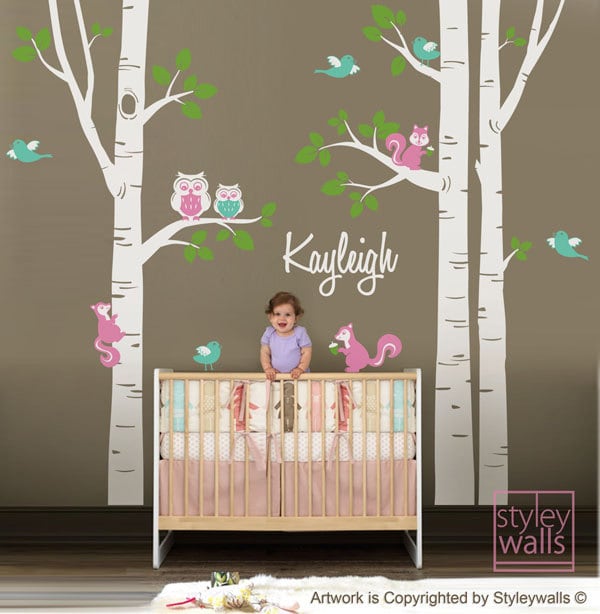 Birch Trees Wall Decal, Kids Personalized Birch Trees Nursery Wall Decal, Forest Animals Owsl Squirrels Birds Baby Room Art Decor
