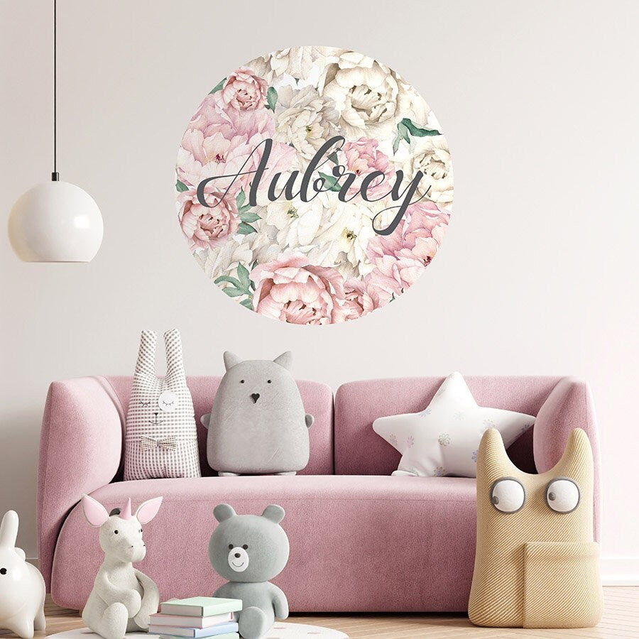 Peony Wall Decal, Flowers Wall Decal, Personalized Name Decal, Circle Wall Decal, Big Dot Wall Decal Circle for Kids Room