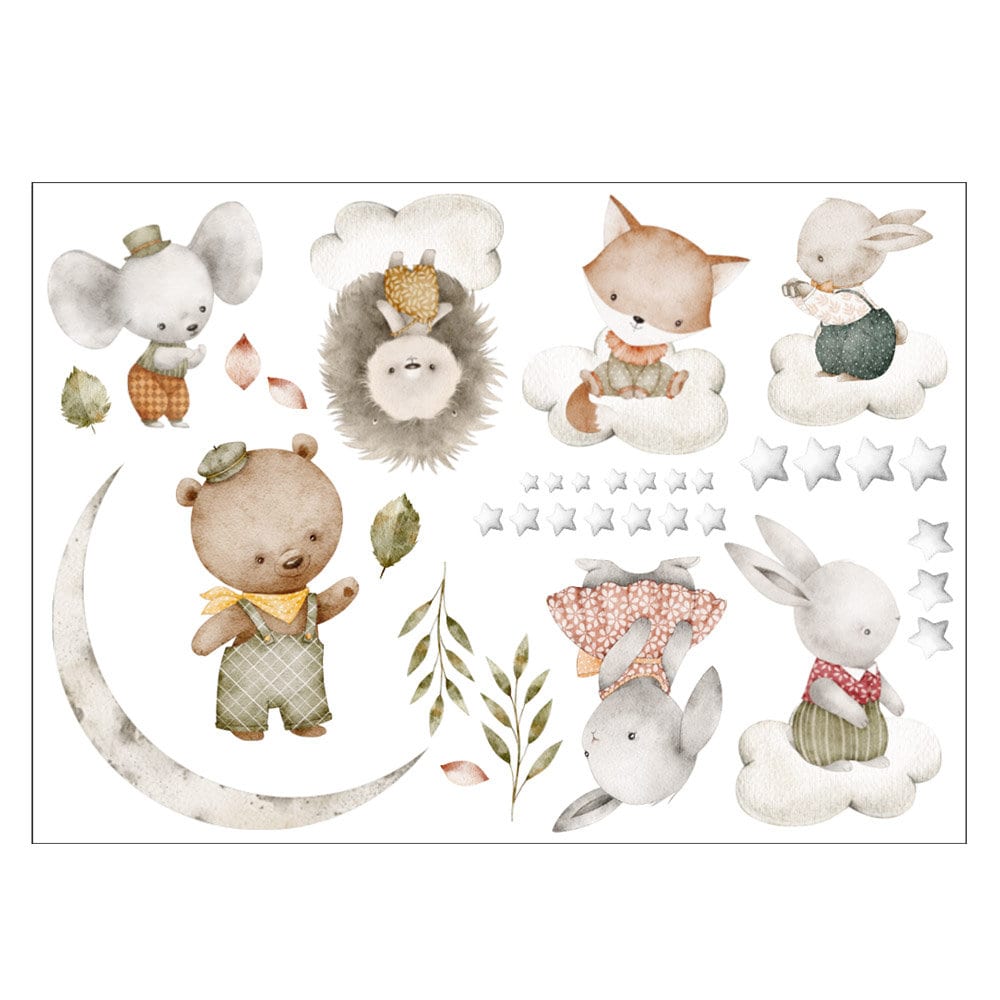 Cute Animals Wall Decal, Animals and Moon Wall Decal, Moon and Clouds Wall Decal, Forest Animals Wall Decal, Woodland Animals Wall Decal