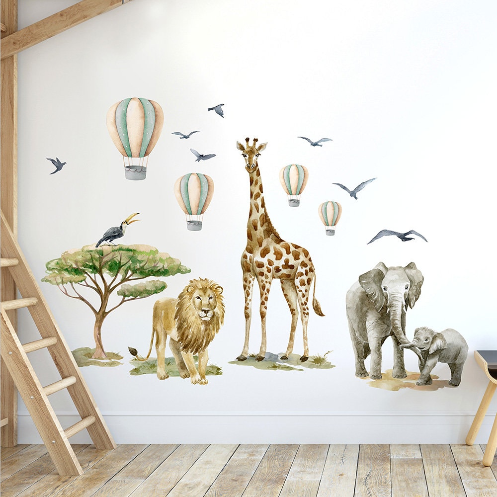 Autocollant mural animaux de safari, autocollant mural animaux de la jungle, autocollant mural savane, lion aquarelle, éléphants, girafe, montgolfières
