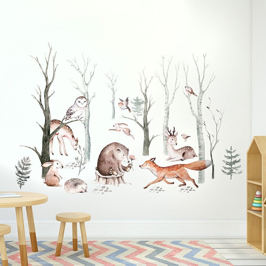 Wandtattoo Waldtiere, Wandtattoo Waldtiere mit Bäumen, Wandtattoo Waldtiere Aquarell, Wandtattoo Waldtiere für Kinder, Wandtattoo Waldtiere fürs Kinderzimmer