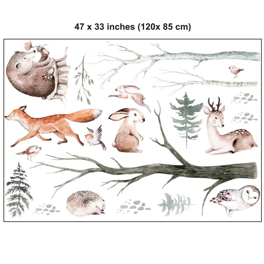 Watercolor Woodland Animals Wall Decal, Forest Animals with Trees Wall Decal, Nursery Forest Animals Sticker, Kids Room Wall Decal
